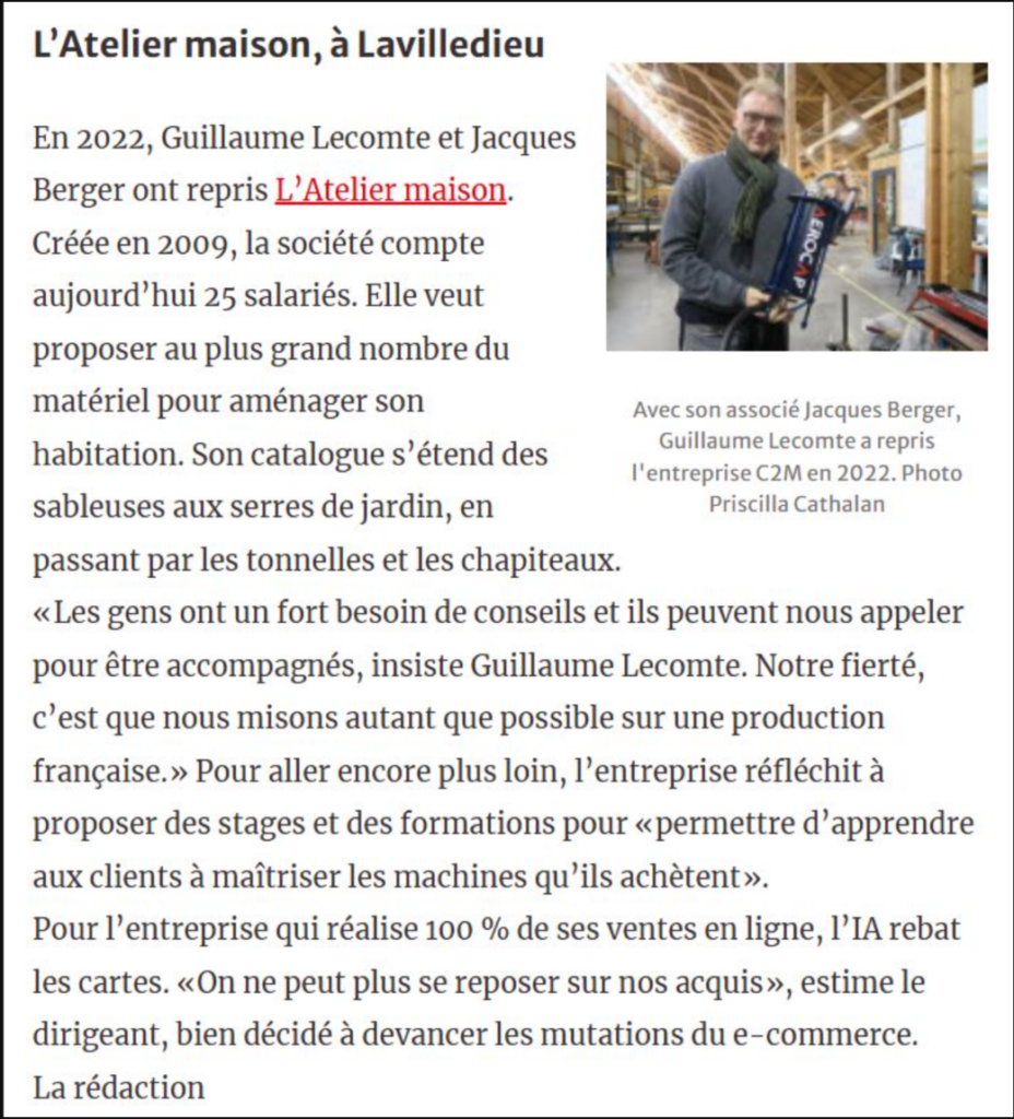 Article du Dauphiné Libéré présentant L’Atelier Maison, nominée aux Trophées de l’Économie Ardéchoise 2026