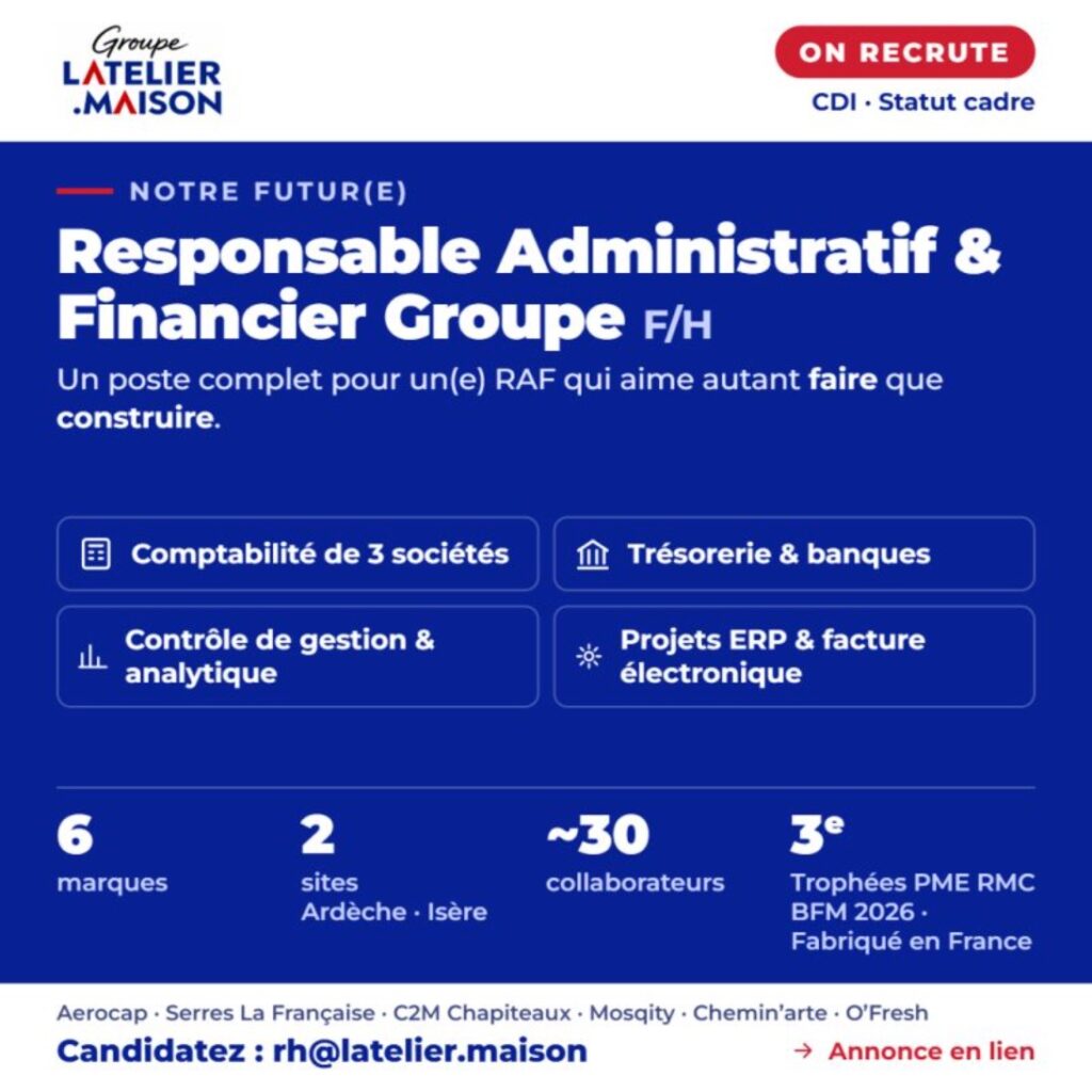 Offre d’emploi Responsable Administratif et Financier Groupe (F/H), CDI statut cadre : comptabilité de 3 sociétés, trésorerie, contrôle de gestion, projets ERP