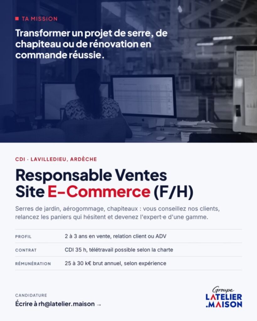 Offre d’emploi Responsable Ventes Site E-Commerce (F/H), CDI à Lavilledieu (Ardèche), 25 à 30 k€ brut annuel